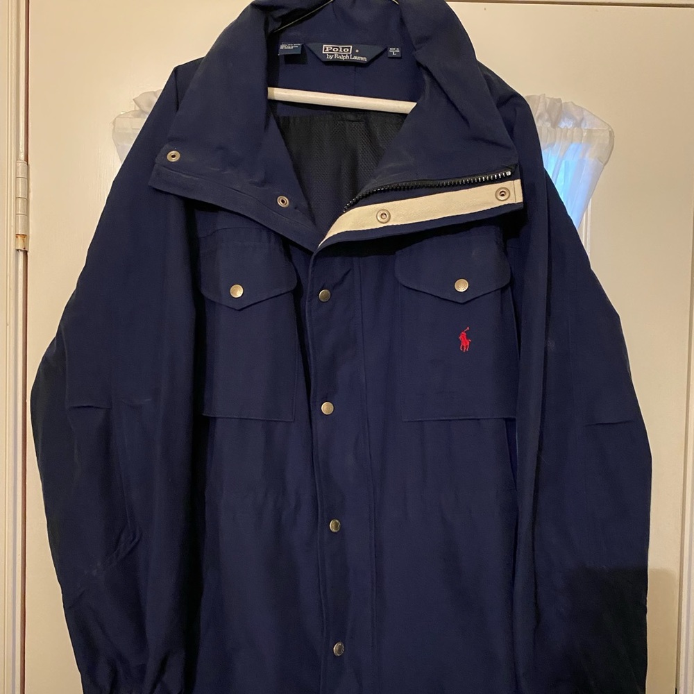 Men’s Vintage Polo Ralph Lauren Navy Blue Hooded Waterproof Rain Coat